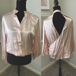 Zara blush vneck satin blouse with an open back